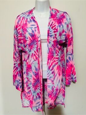 Pulse Boutique Pink and Purple Tie‑Dye Mesh Open Cardigan Cover‑Up